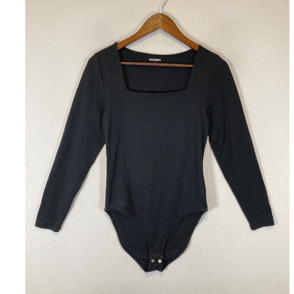 Minimalist Old Navy Women Medium Black Square Neck‎ Long Sleeve Snap Bodysuit